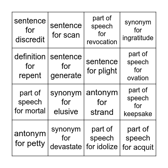 Unit 4 Vocabulary Bingo Card