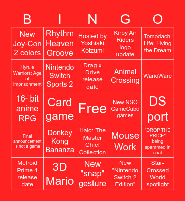 Nintendo Direct June 2025 Bingo Card