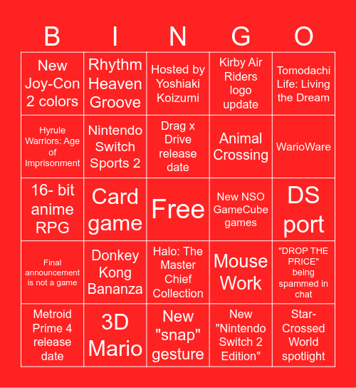 Nintendo Direct June 2025 Bingo Card