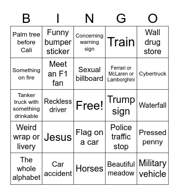 Road trip bingo!! Bingo Card