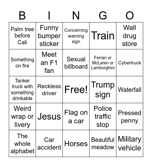 Road trip bingo!! Bingo Card