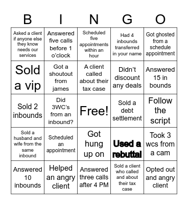 Inbound bingo Card