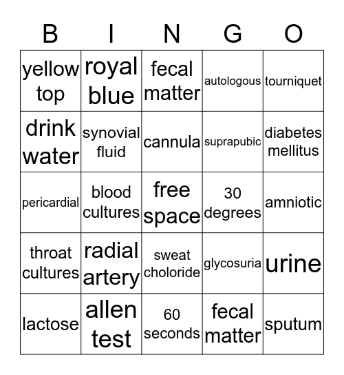 Phlebotomy Bingo Card