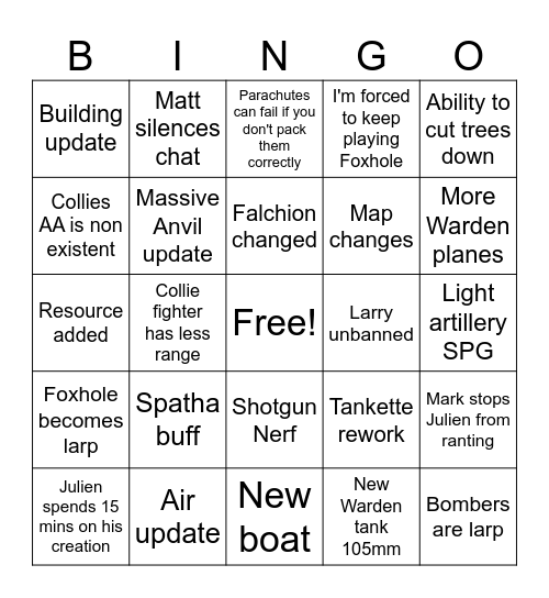 Foxhole Bingo Card