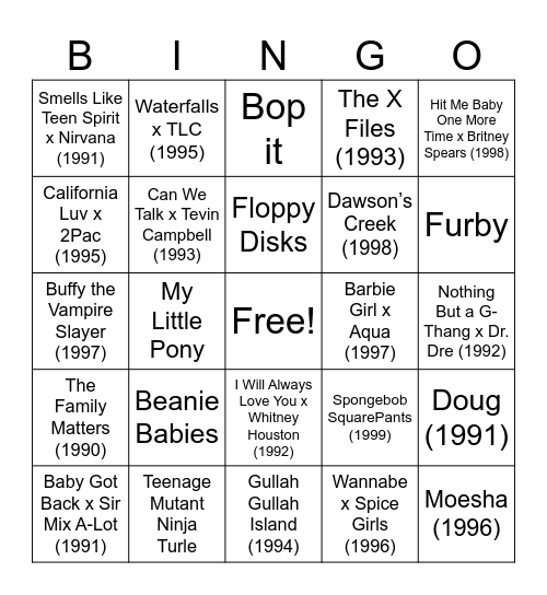 The 90s Bing Bingo Card