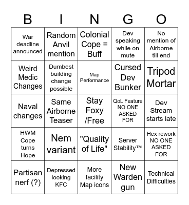 Foxhole U61 Dev Stream Bingo Card