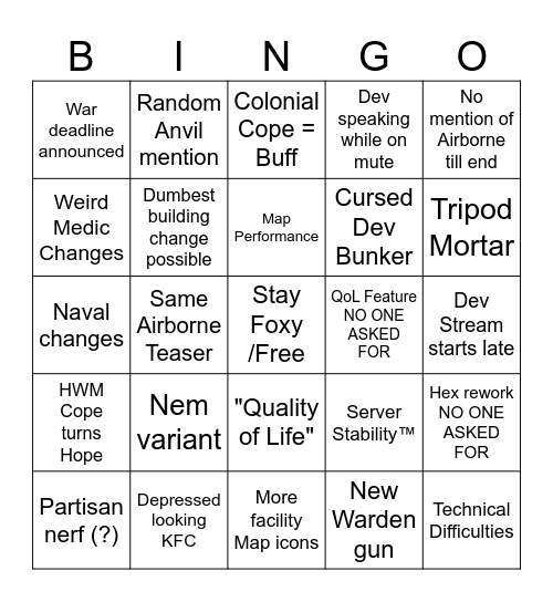 Foxhole U61 Dev Stream Bingo Card