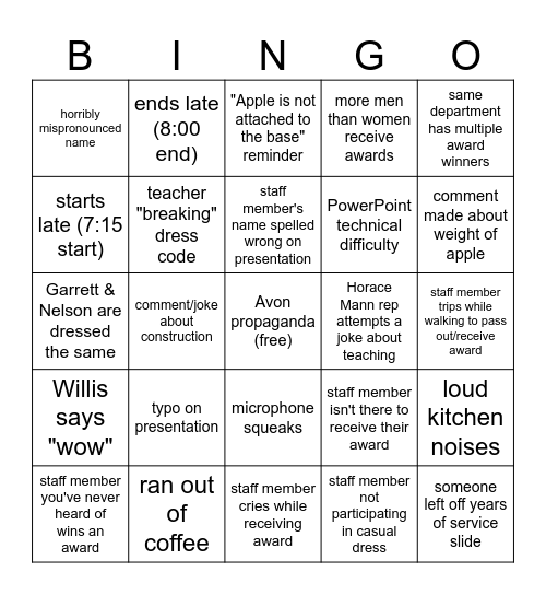 End of Year Meeting Bingo Card