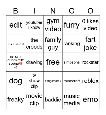 YT Shorts Bingo Card