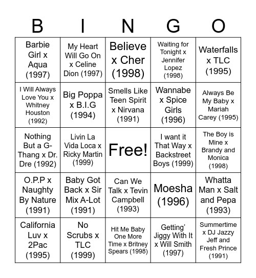 Songs of the 90s Bingo Card