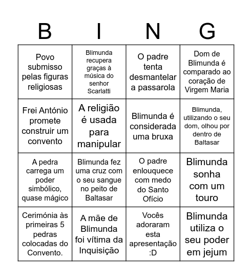 Memorial do Convento Bingo Card