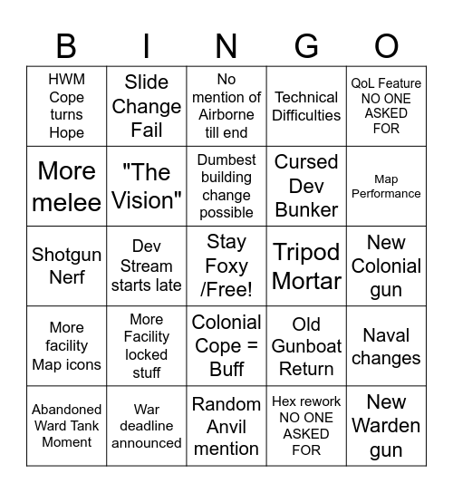 Foxhole Dev Stream Bingo Card