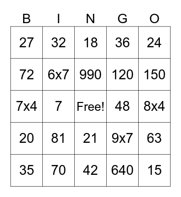 Multiplication Bingo Card