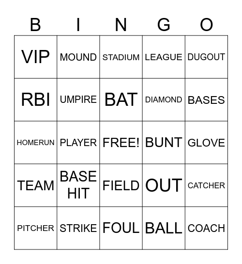 BASEBALL Bingo Card