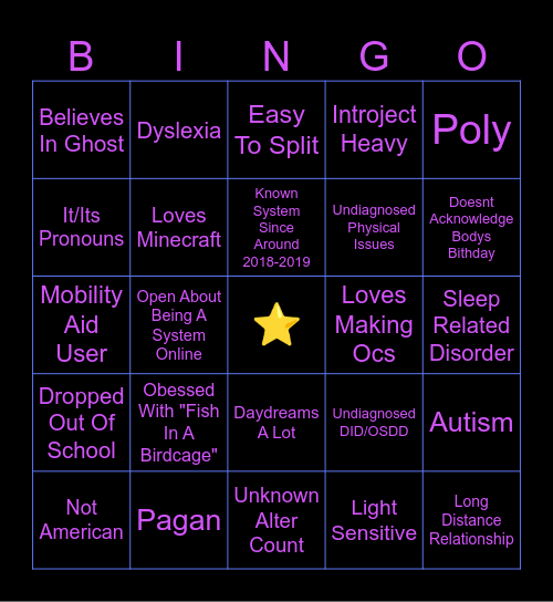 Cyberstar Invasion Bingo Card