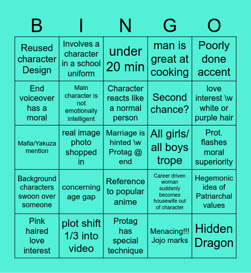 RomCom dubbed Manga on Youtube Bingo Card