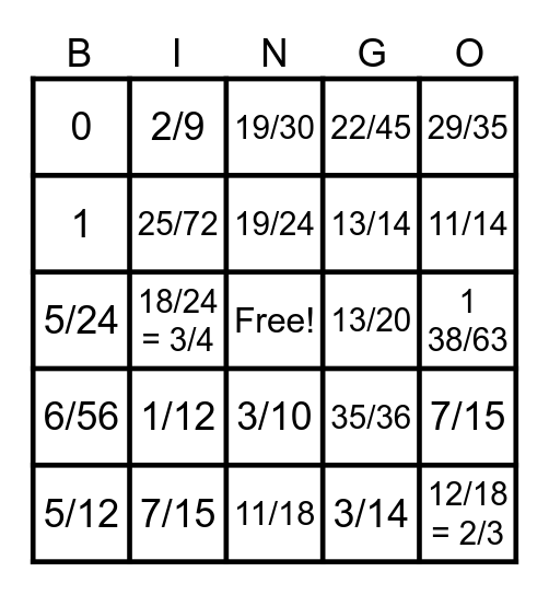 Subtracting Fractions with Unlike Denominators Bingo Card