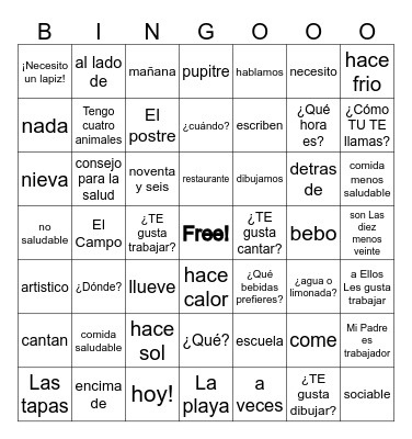 SPANISH I vocabulary WORDS Bingo Card