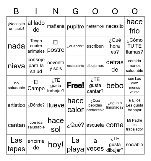 SPANISH I vocabulary WORDS Bingo Card