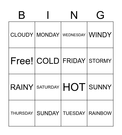 Weather Bingo Card