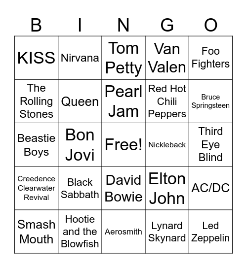 Rock - Artist Bingo Card