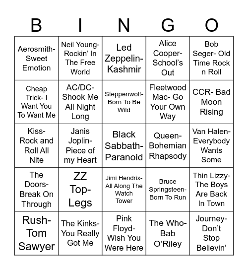 Radio Bingo Classic Rock Bingo Card