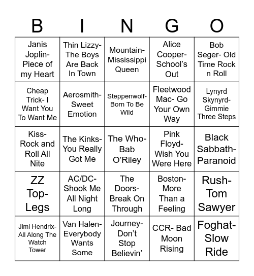 Radio Bingo Classic Rock Bingo Card