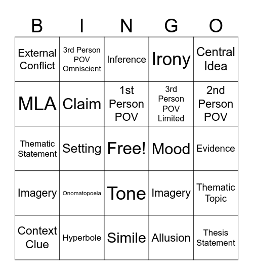 English 12 Final Exam Bingo Card