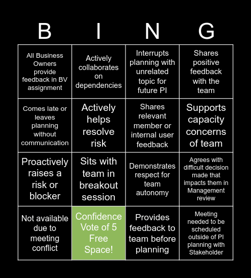 Stakeholder PI Planning Bingo Card