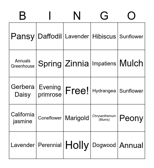 Annual and Perennials BINGO Card