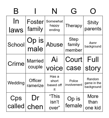 Reddit story time Bingo Card