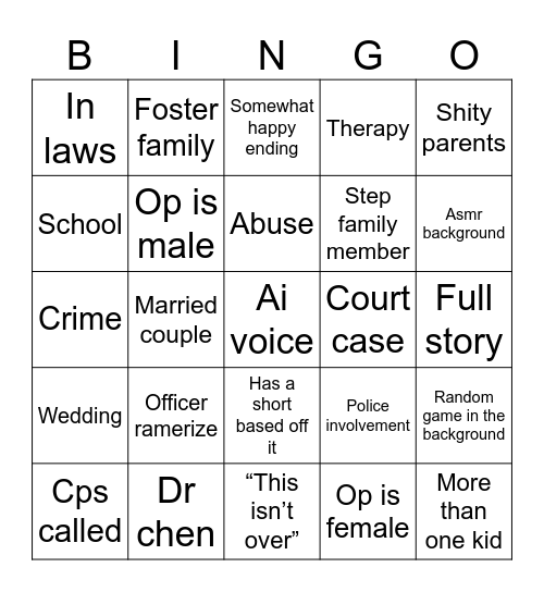 Reddit story time Bingo Card