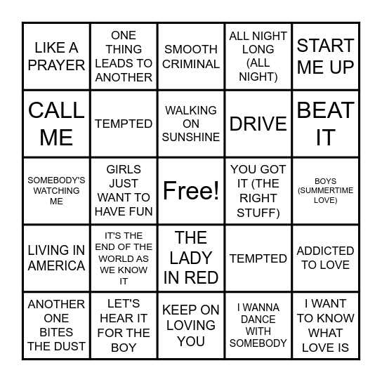 HITS FROM THE 80s #2 Bingo Card