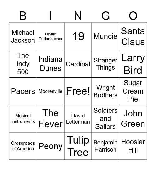Indiana Bingo Card