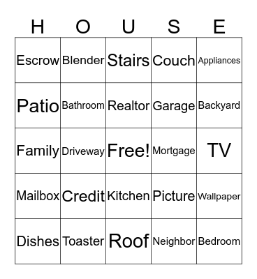 House Warming Bingo Card