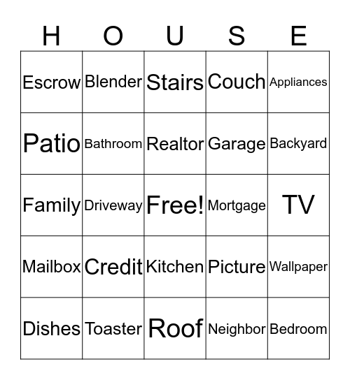 House Warming Bingo Card