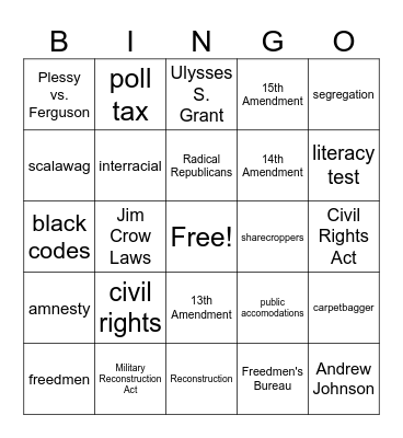 Reconstruction Bingo Card