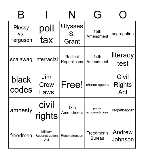 Reconstruction Bingo Card