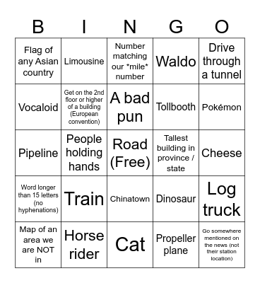 Internet Roadtrip Bingo 5 Bingo Card