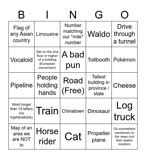 Internet Roadtrip Bingo 5 Bingo Card