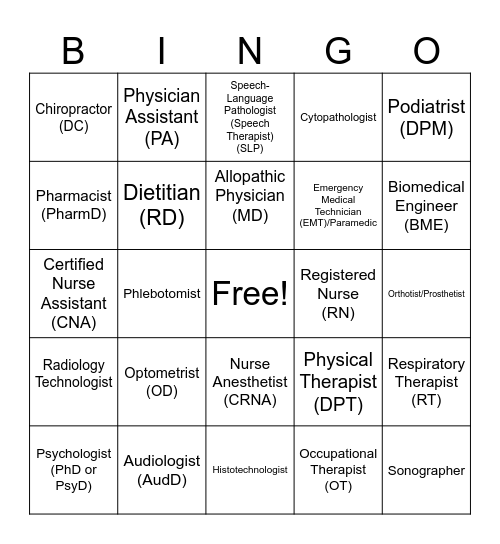 Healthcare Professions Bingo! Bingo Card