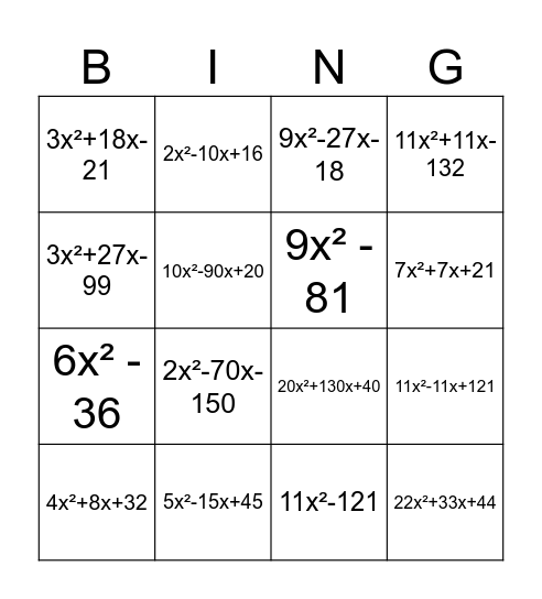 Multiplying Binomials Bingo Card