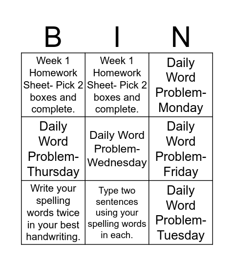 Homework Bingo- Group 1 (10/25) Bingo Card