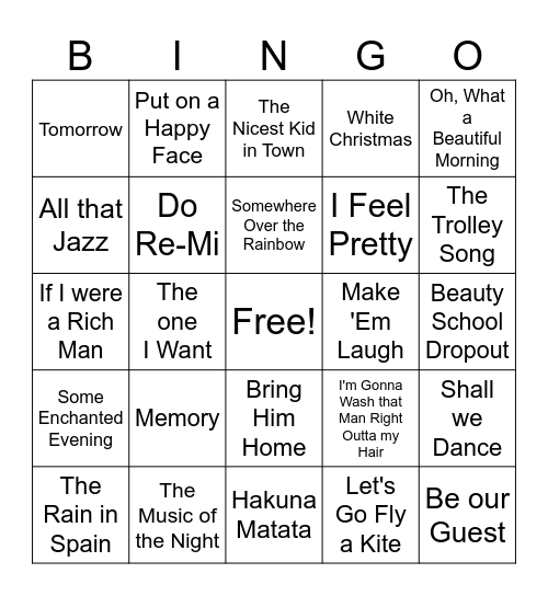 Broadway Musicals Bingo Card