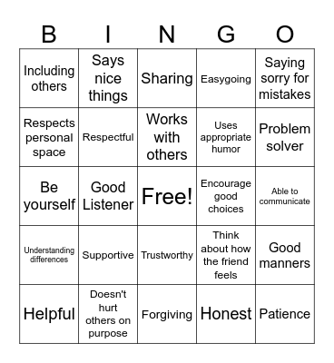 Friendship Bingo Card