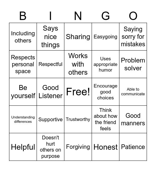 Friendship Bingo Card