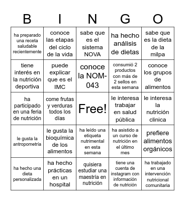 nutrición Bingo Card