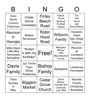 Bishop Davis Williams Family Reunion Bingo Card