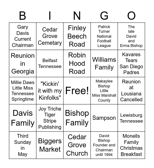 Bishop Davis Williams Family Reunion Bingo Card
