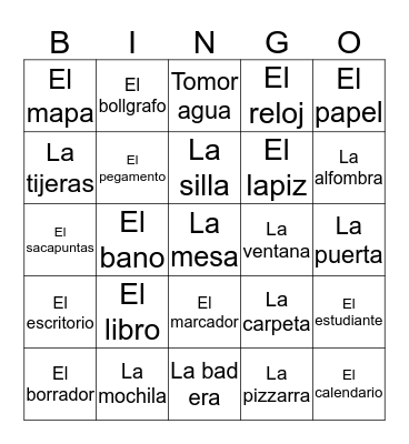 Classroom objects in Spanish  Bingo Card
